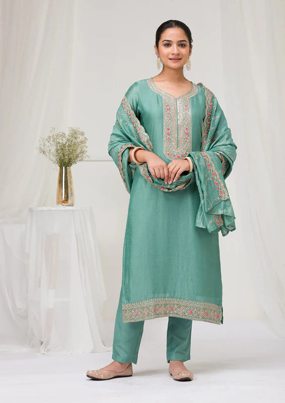 Sea Green Soft Raw Silk Threadwork Straight Kurta With Regular Pant And Dupatta