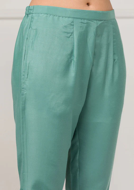 Sea Green Soft Raw Silk Threadwork Straight Kurta With Regular Pant And Dupatta