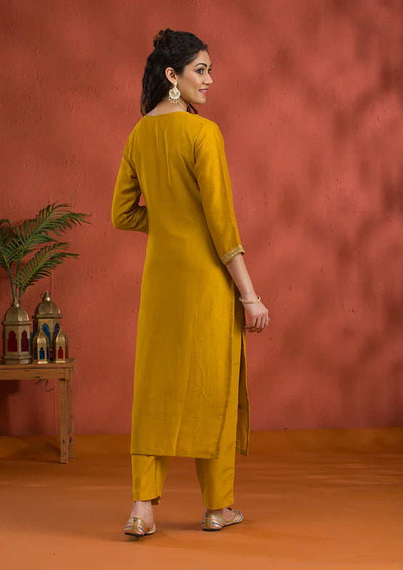 Mustard Soft Raw Silk Gold Zariwork Straight Kurta With Pant Regular And Dupatta