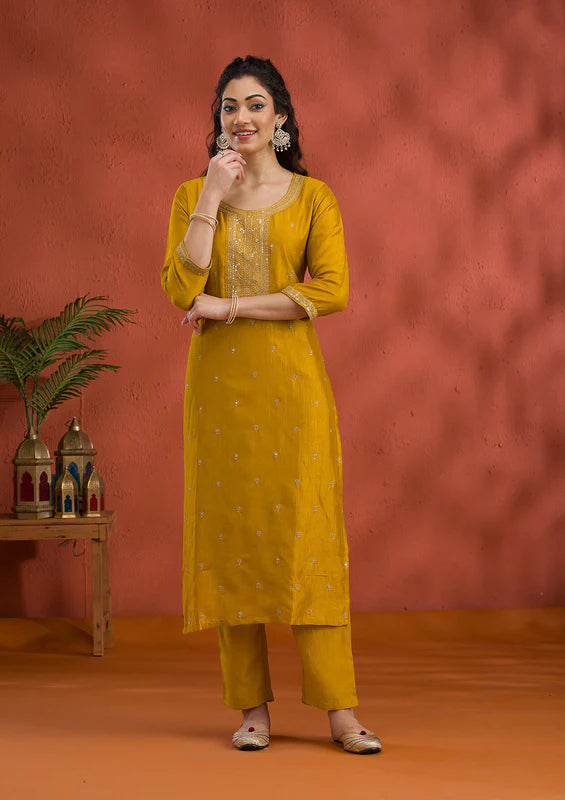 Mustard Soft Raw Silk Gold Zariwork Straight Kurta With Pant Regular And Dupatta