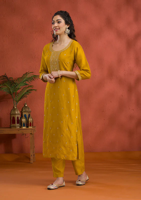 Mustard Soft Raw Silk Gold Zariwork Straight Kurta With Pant Regular And Dupatta