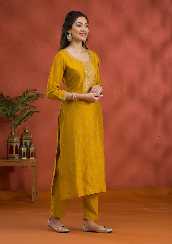 Mustard Soft Raw Silk Gold Zariwork Straight Kurta With Pant Regular And Dupatta