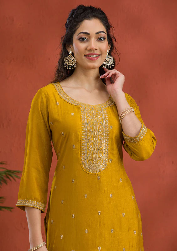 Mustard Soft Raw Silk Gold Zariwork Straight Kurta With Pant Regular And Dupatta