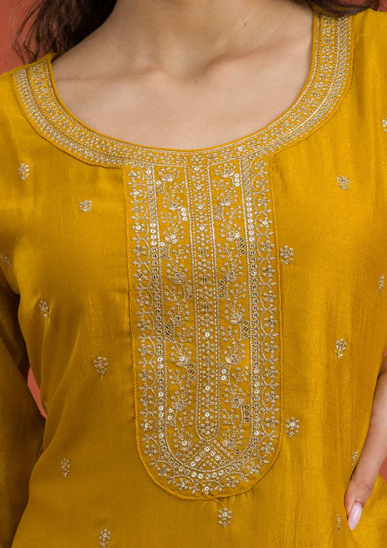 Mustard Soft Raw Silk Gold Zariwork Straight Kurta With Pant Regular And Dupatta