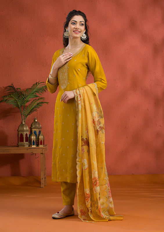 Mustard Soft Raw Silk Gold Zariwork Straight Kurta With Pant Regular And Dupatta