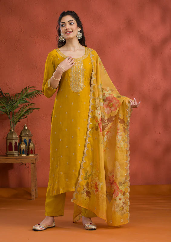 Mustard Soft Raw Silk Gold Zariwork Straight Kurta With Pant Regular And Dupatta