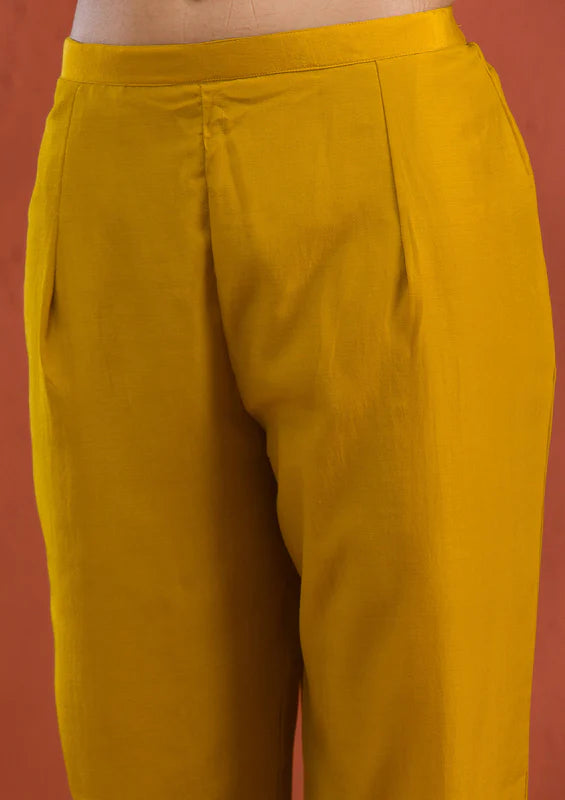 Mustard Soft Raw Silk Gold Zariwork Straight Kurta With Pant Regular And Dupatta