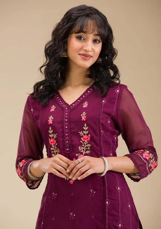 Wine Chanderi Threadwork Straight Kurta With Regular Pant And Dupatta