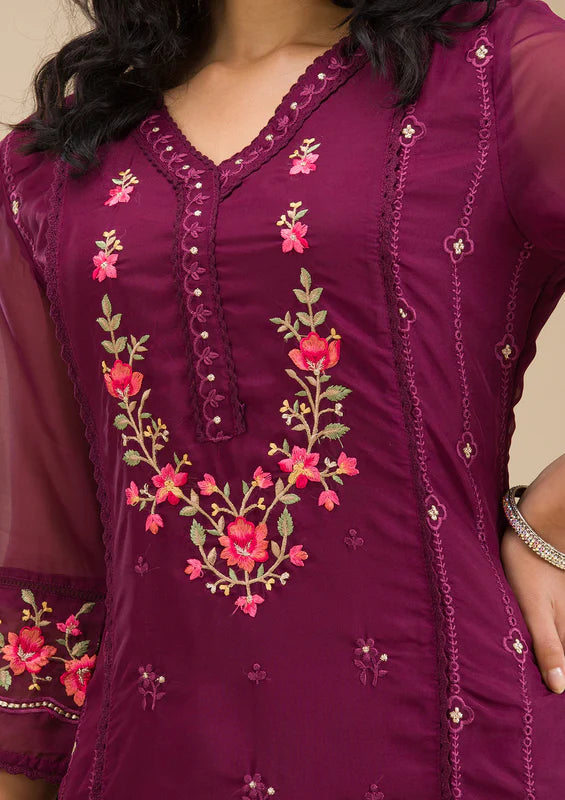 Wine Chanderi Threadwork Straight Kurta With Regular Pant And Dupatta