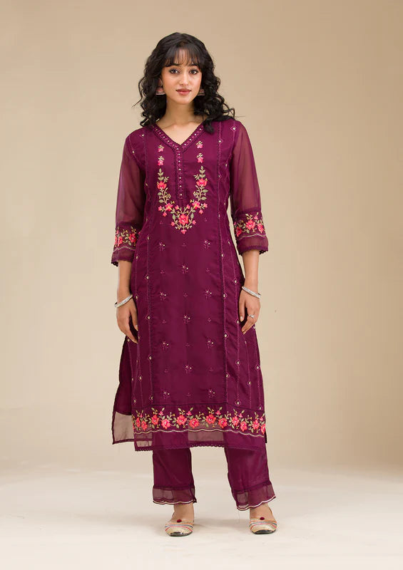 Wine Chanderi Threadwork Straight Kurta With Regular Pant And Dupatta