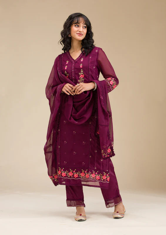 Wine Chanderi Threadwork Straight Kurta With Regular Pant And Dupatta