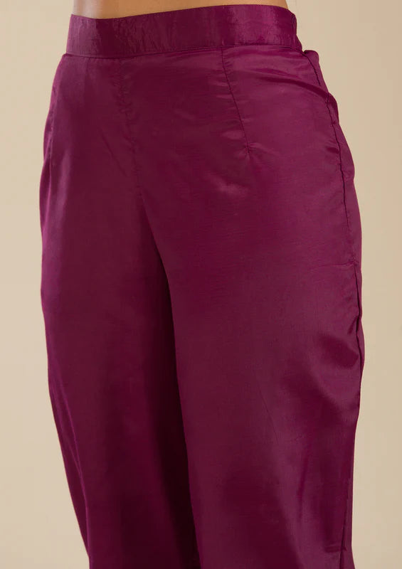 Wine Chanderi Threadwork Straight Kurta With Regular Pant And Dupatta