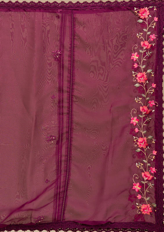 Wine Chanderi Threadwork Straight Kurta With Regular Pant And Dupatta