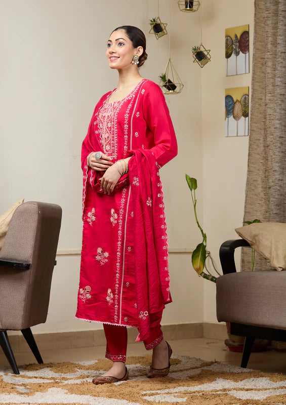 Rani Pink Chanderi Cutdana Straight Kurta With Regular Pant And Dupatta