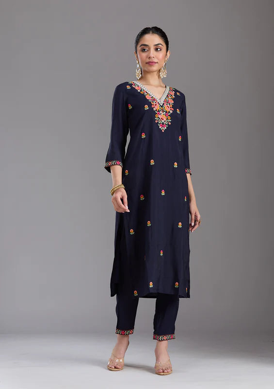 Navy Blue Chanderi Threadwork Straight Kurta With Pant Regular And Dupatta