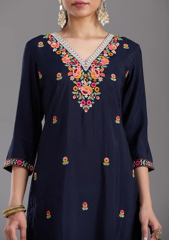 Navy Blue Chanderi Threadwork Straight Kurta With Pant Regular And Dupatta