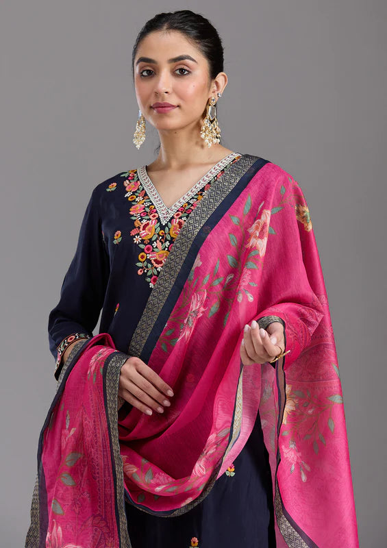 Navy Blue Chanderi Threadwork Straight Kurta With Pant Regular And Dupatta