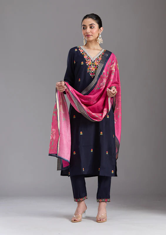 Navy Blue Chanderi Threadwork Straight Kurta With Pant Regular And Dupatta