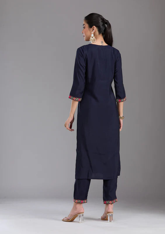 Navy Blue Chanderi Threadwork Straight Kurta With Pant Regular And Dupatta