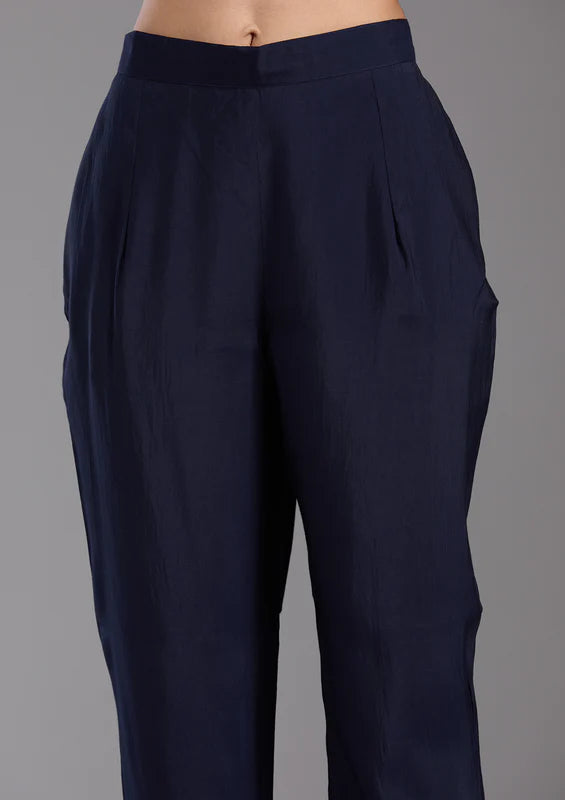 Navy Blue Chanderi Threadwork Straight Kurta With Pant Regular And Dupatta
