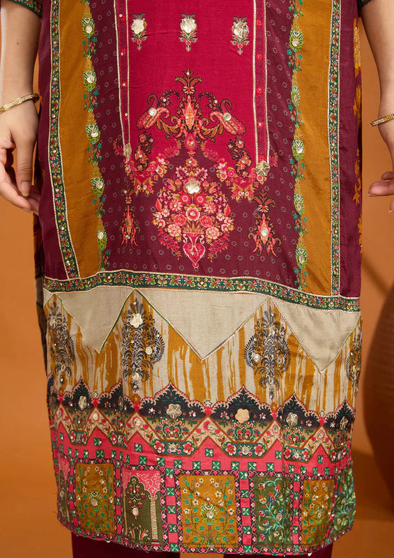 Wine Multi Crepe Abstract Geometric Printed Straight Kurta With Pant Regular And Dupatta