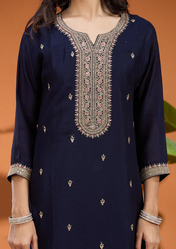 Navy Blue Soft Raw Silk Gold Zariwork Straight Kurta With Pant Regular And Dupatta