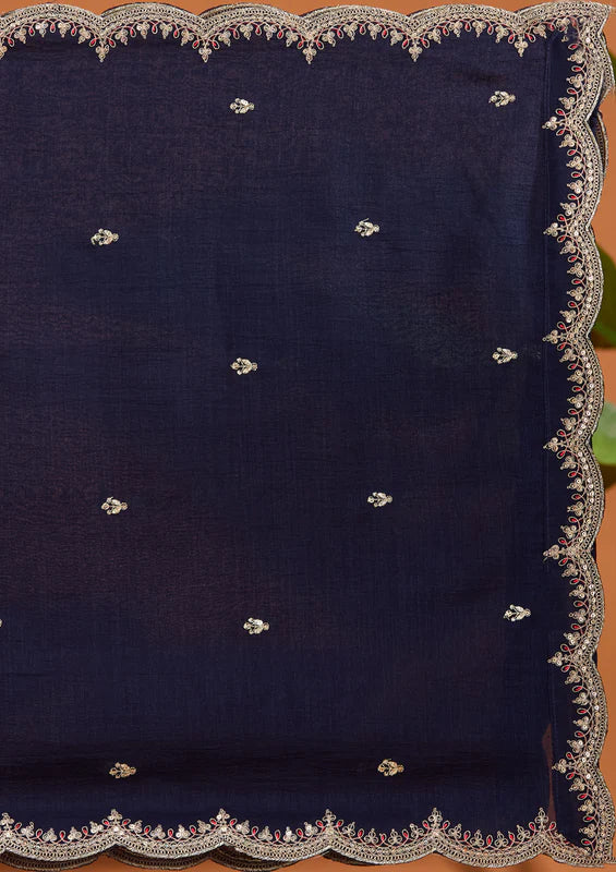 Navy Blue Soft Raw Silk Gold Zariwork Straight Kurta With Pant Regular And Dupatta