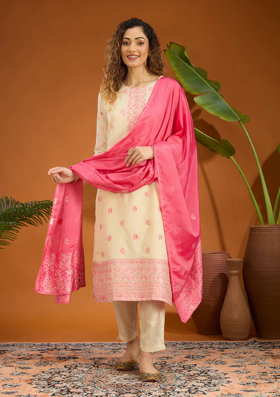 Beige Magenta Pink Brocade Plain Straight Kurta With Pant Regular And Dupatta