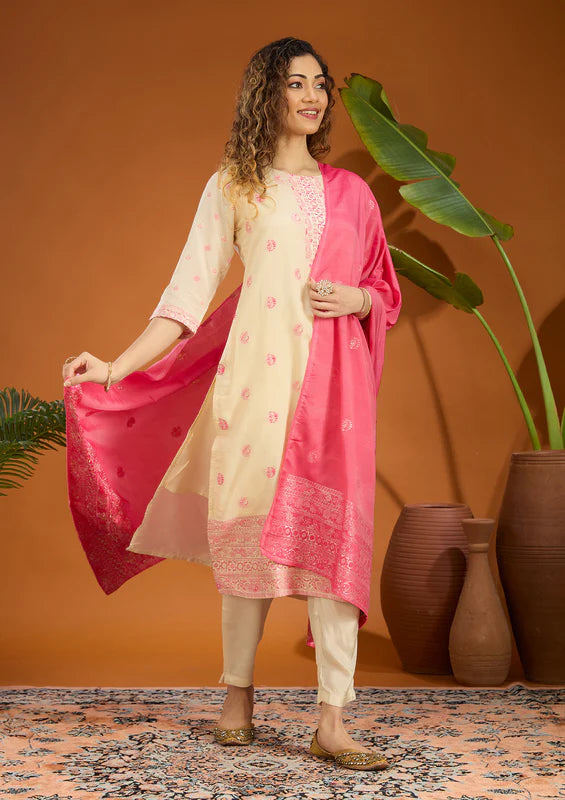 Beige Magenta Pink Brocade Plain Straight Kurta With Pant Regular And Dupatta