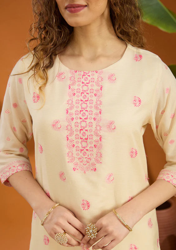 Beige Magenta Pink Brocade Plain Straight Kurta With Pant Regular And Dupatta