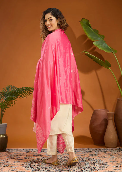 Beige Magenta Pink Brocade Plain Straight Kurta With Pant Regular And Dupatta