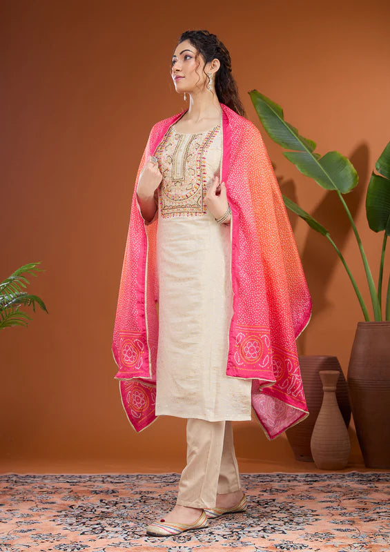 Beige Multi Brocade Threadwork Straight Kurta With Pant Regular And Dupatta