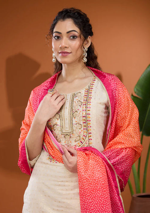 Beige Multi Brocade Threadwork Straight Kurta With Pant Regular And Dupatta