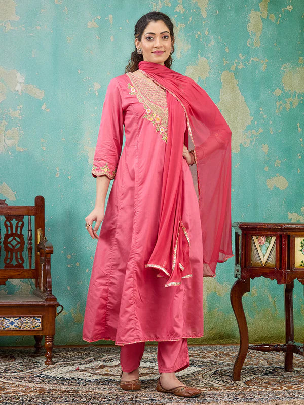 Gajari Pink Chanderi Cording A Line Kurta With Pant Regular And Dupatta