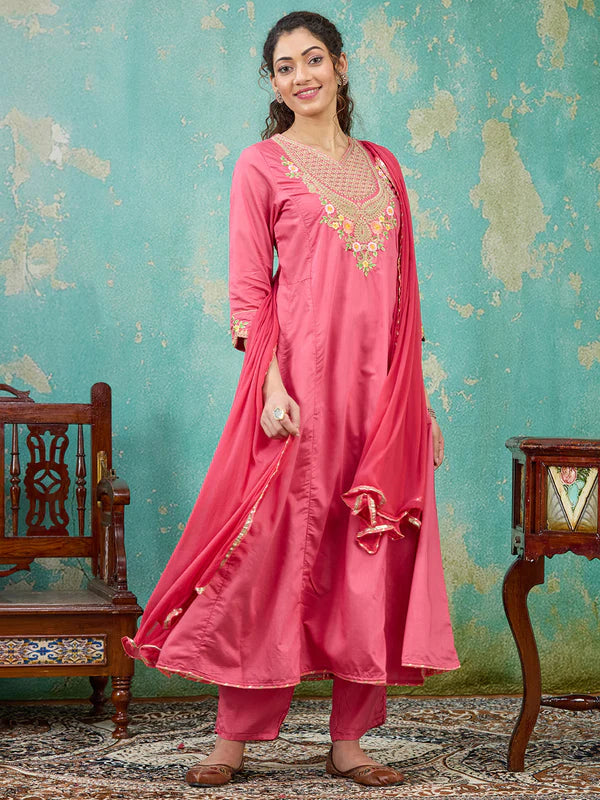 Gajari Pink Chanderi Cording A Line Kurta With Pant Regular And Dupatta