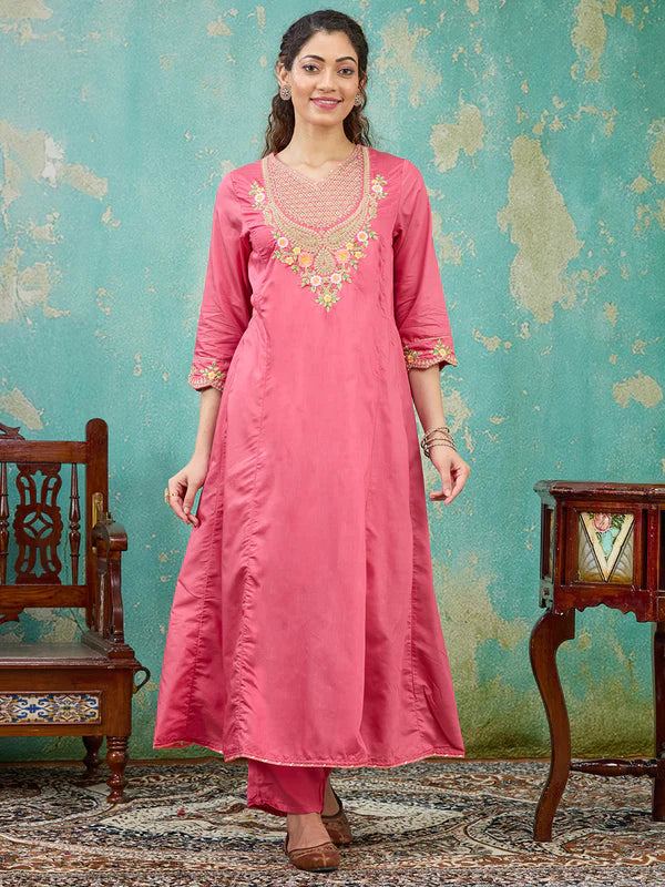 Gajari Pink Chanderi Cording A Line Kurta With Pant Regular And Dupatta