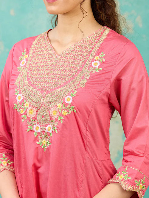 Gajari Pink Chanderi Cording A Line Kurta With Pant Regular And Dupatta