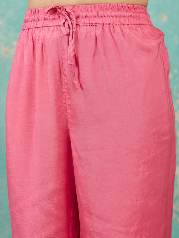 Gajari Pink Chanderi Cording A Line Kurta With Pant Regular And Dupatta