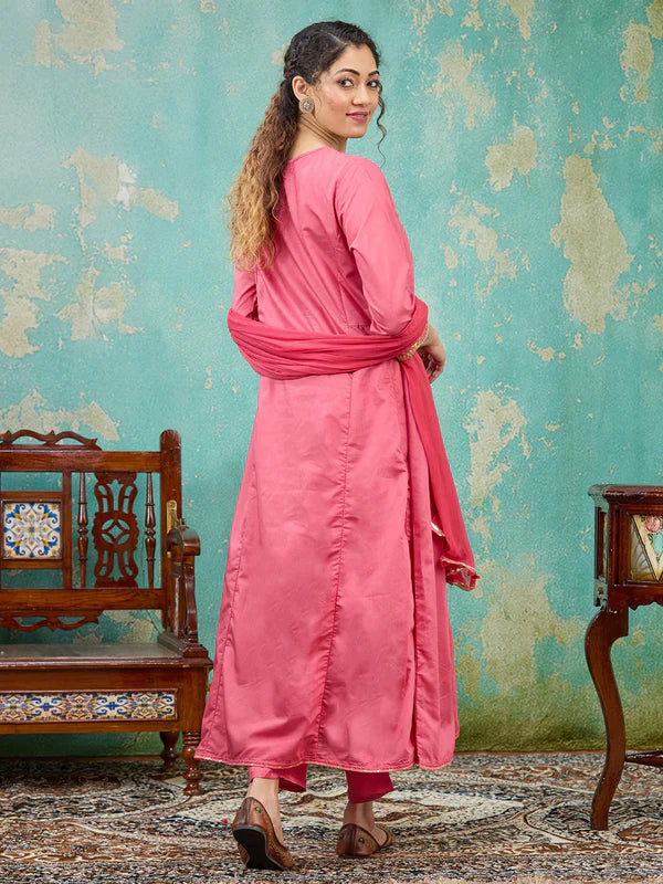 Gajari Pink Chanderi Cording A Line Kurta With Pant Regular And Dupatta