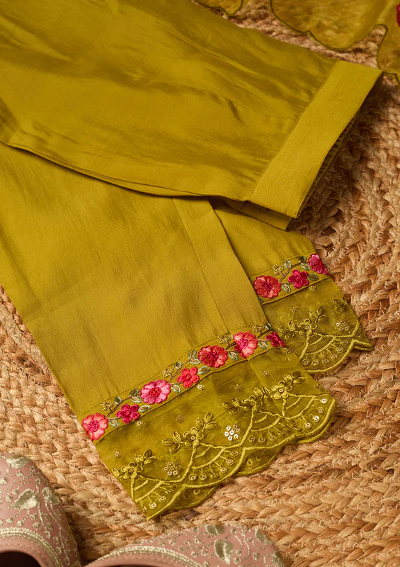 Mehendi Art Silk Threadwork A-Line Kurta With Pant Regular And Dupatta