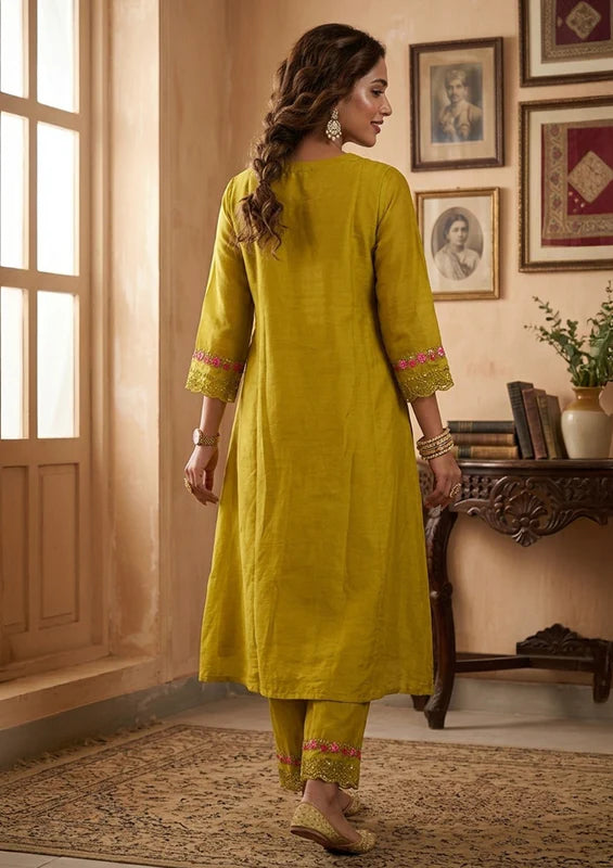 Mehendi Art Silk Threadwork A-Line Kurta With Pant Regular And Dupatta