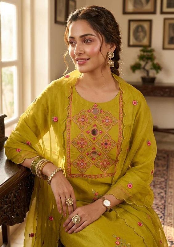 Mehendi Art Silk Threadwork A-Line Kurta With Pant Regular And Dupatta