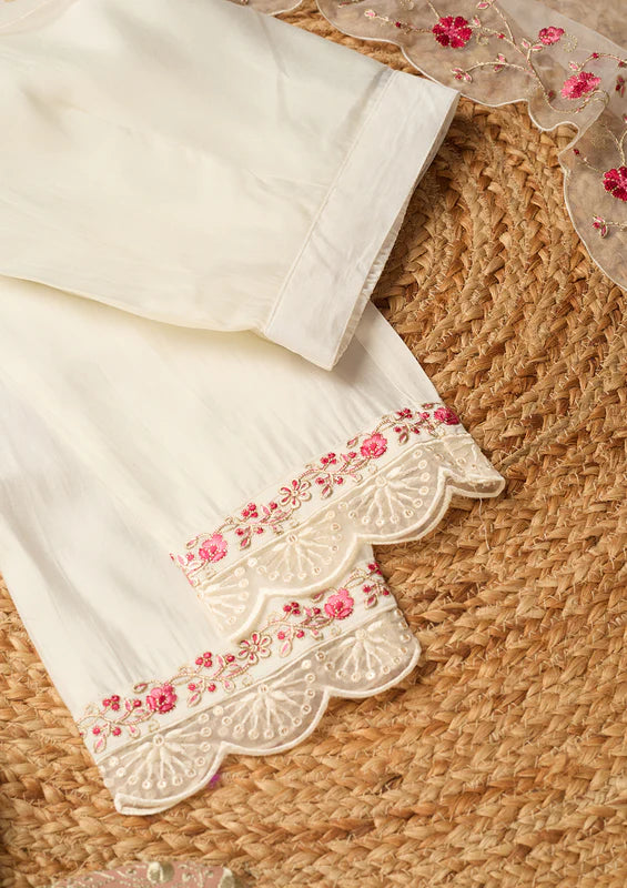Off White Art Silk Threadwork A Line Kurta With Pant Regular And Dupatta