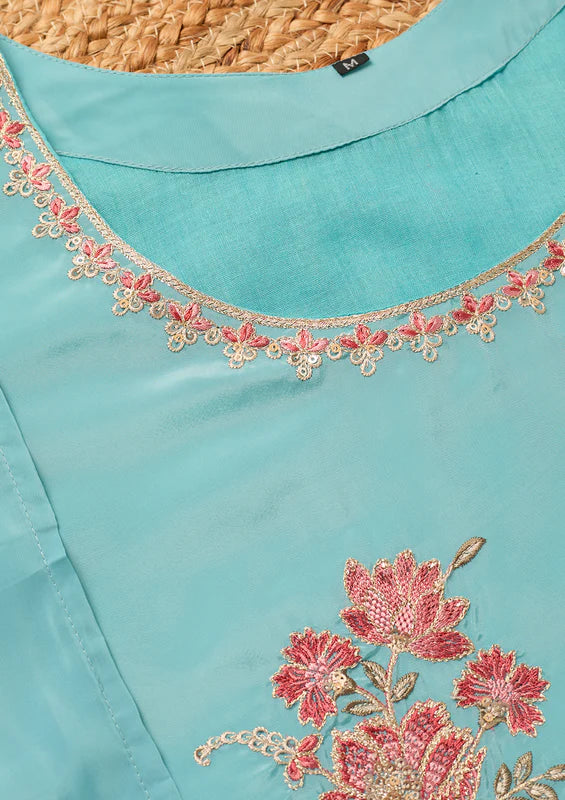 Sky Blue Semi Crepe Threadwork Straight Kurta With Pant Regular And Dupatta