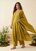 Mehandi Green Zariwork (Gold) Soft Raw Silk Readymade Salwar Suit
