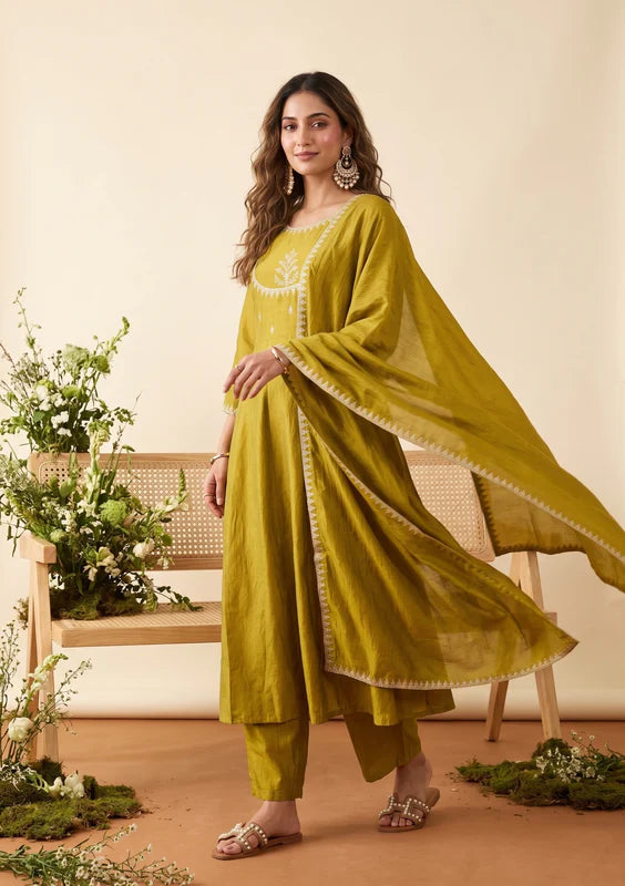 Mehandi Green Zariwork (Gold) Soft Raw Silk Readymade Salwar Suit