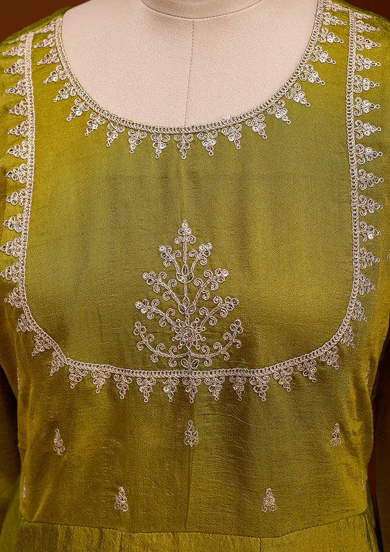 Mehandi Green Zariwork (Gold) Soft Raw Silk Readymade Salwar Suit
