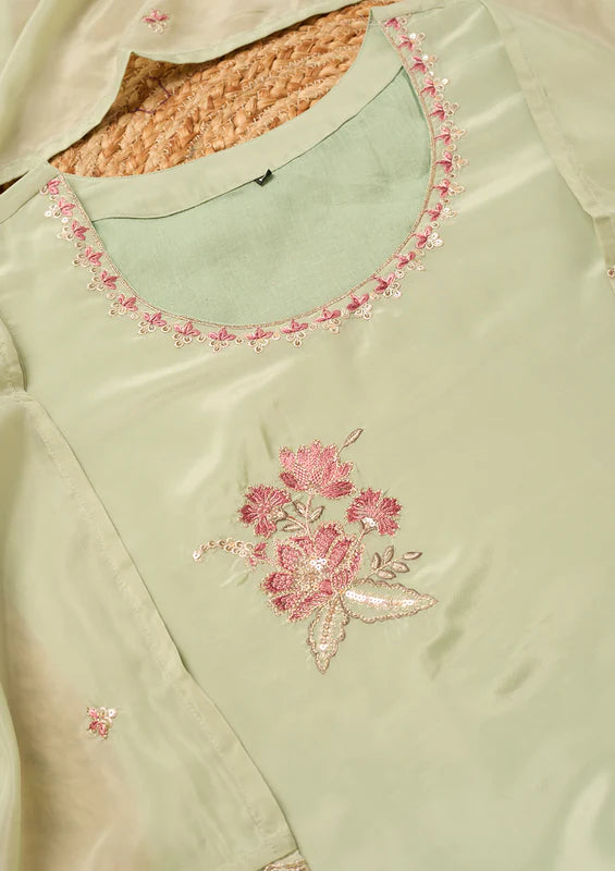Pista Green Semi Crepe Threadwork Straight Kurta With Regular Pant And Dupatta