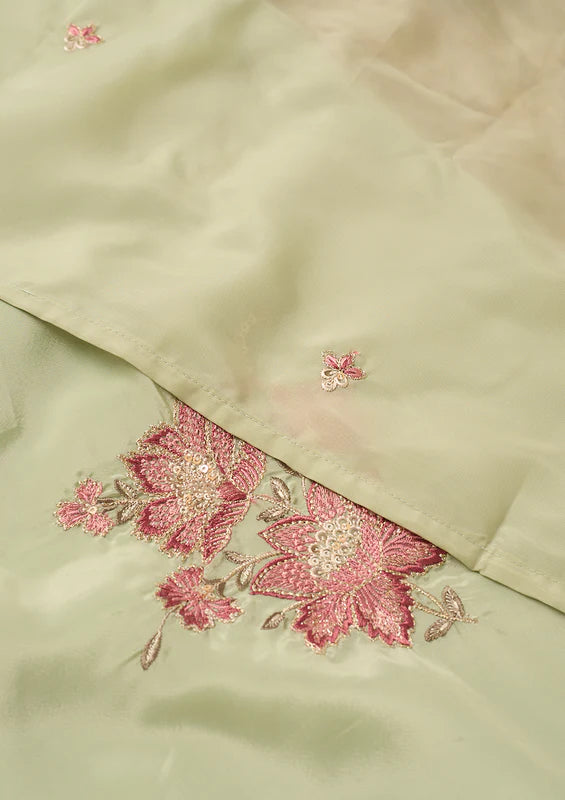Pista Green Semi Crepe Threadwork Straight Kurta With Regular Pant And Dupatta