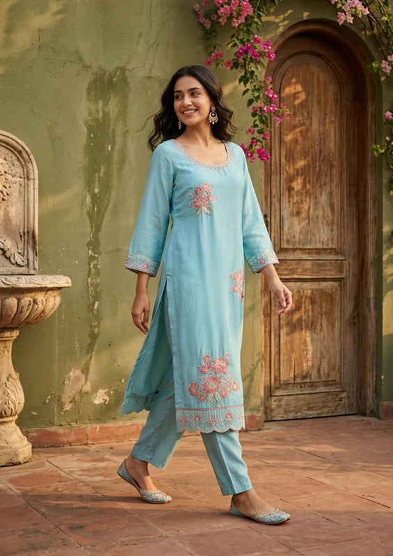 Sky Blue Semi Crepe Threadwork Straight Kurta With Pant Regular And Dupatta